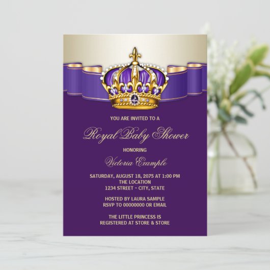 Royal Paarse Gold Princess Baby shower Kaart (Staand voorkant)