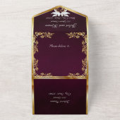 Royal Paarse, gouden bladeren, duiven & hart All In One Uitnodiging (Buitenkant)