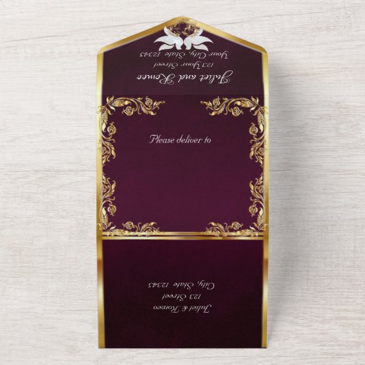 Royal Paarse, gouden bladeren, duiven & hart All In One Uitnodiging (Buitenkant)