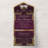 Royal Paarse, gouden bladeren, duiven & hart All In One Uitnodiging (Binnen)