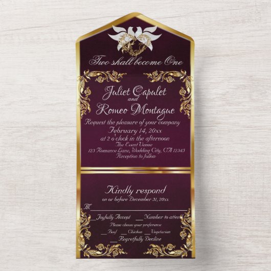 Royal Paarse, gouden bladeren, duiven & hart All In One Uitnodiging (Binnen)