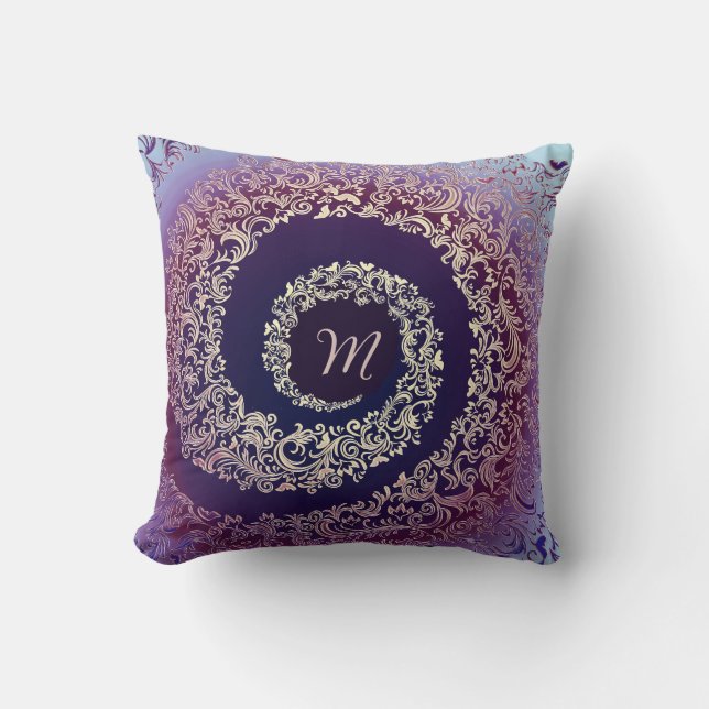 Royal Paarse & Gouden Damask Monogram Kussen (Voorkant)