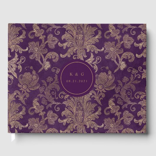 Royal Paarse gouden damast bruiloft gastenboek (Voorkant)