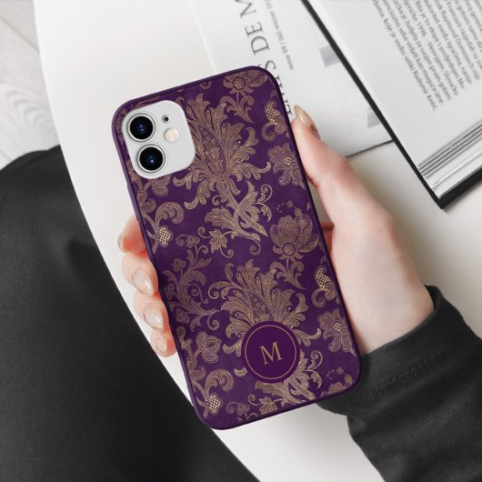 Royal Paarse gouden damast monogram Case-Mate iPhone Case