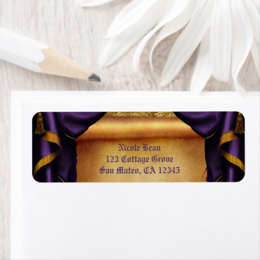 Royal Paarse & Gouden Drapes Scroll bruiloft Etiket (Insitu)