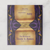 Royal Paarse & Gouden Drapes Scroll Trouwtafel Plaatskaartje (Buitenkant ongevouwen)