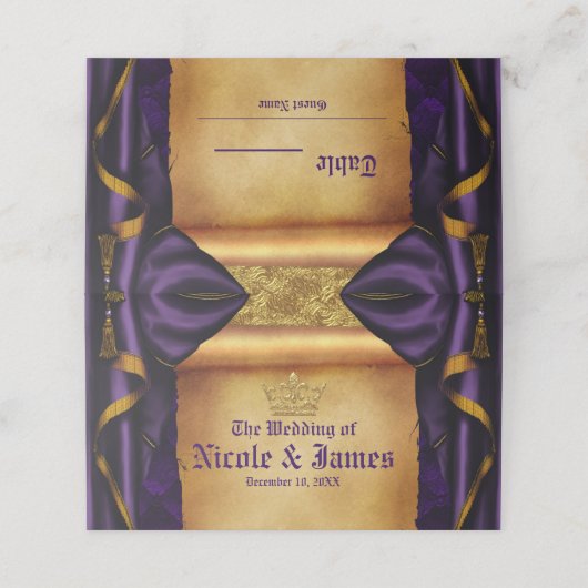 Royal Paarse & Gouden Drapes Scroll Trouwtafel Plaatskaartje (Buitenkant ongevouwen)