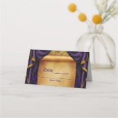 Royal Paarse & Gouden Drapes Scroll Trouwtafel Plaatskaartje (Achterkant)