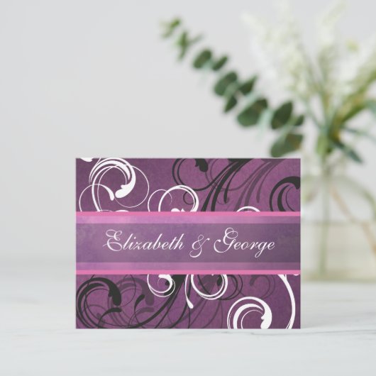 Royal Paarse Grunge Damask Elegant Wedding Briefkaart (Staand voorkant)