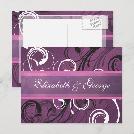 Royal Paarse Grunge Damask Elegant Wedding Briefkaart (Voorkant / Achterkant)