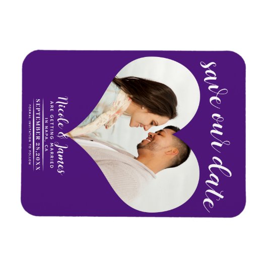 Royal Paarse Hart Foto Bruiloft Save the Date Magneet (Horizontaal)