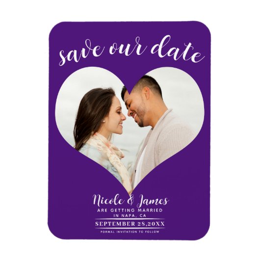 Royal Paarse Hart Foto Bruiloft Save the Date Magneet (Verticaal)