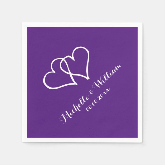 Royal paarse in elkaar grijpende harten bruiloft s servetten (Voorkant)