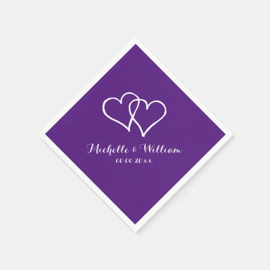 Royal paarse in elkaar grijpende harten bruiloft s servetten (Hoek)