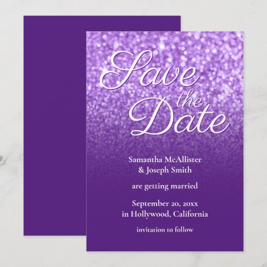 Royal Paarse Ombre Glitter Save the Date Kaart (Voorkant / Achterkant)