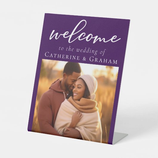 Royal Paarse paar foto bruiloft welkom Reclamebord Met Voetstuk (Voorkant)