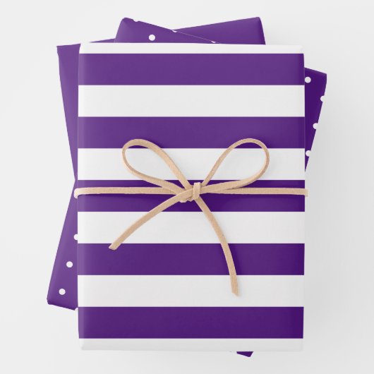 Royal Paarse Polka Dot Breed Gestreept en Solid Inpakpapier Vel (In situ)