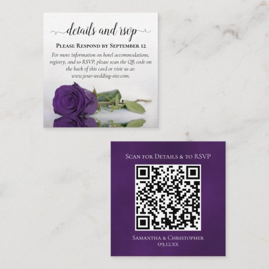 Royal Paarse Roos Wedding Details & RSVP QR Code Informatiekaartje (Voorkant / Achterkant)