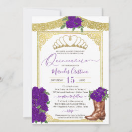 Royal Paarse Rozen Gold Floral Charro Quinceanera Kaart