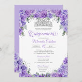 Royal Paarse Rozen & Silver Tiara Quinceanera Kaart (Voorkant / Achterkant)
