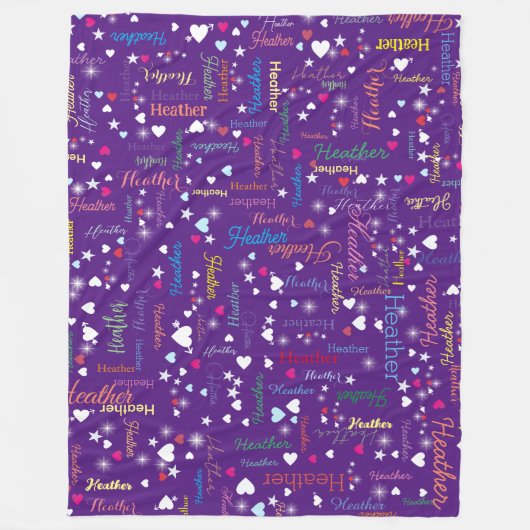 Royal Paarse Sky vol namen, harten en sterren Fleece Deken (Voorkant)