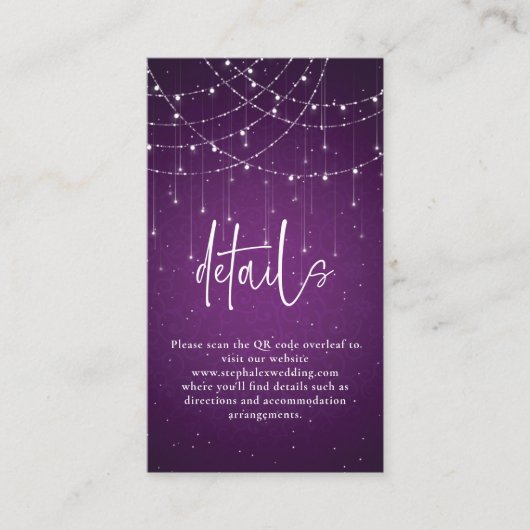 Royal Paarse String Lights Bruiloft Informatiekaartje (Voorkant)