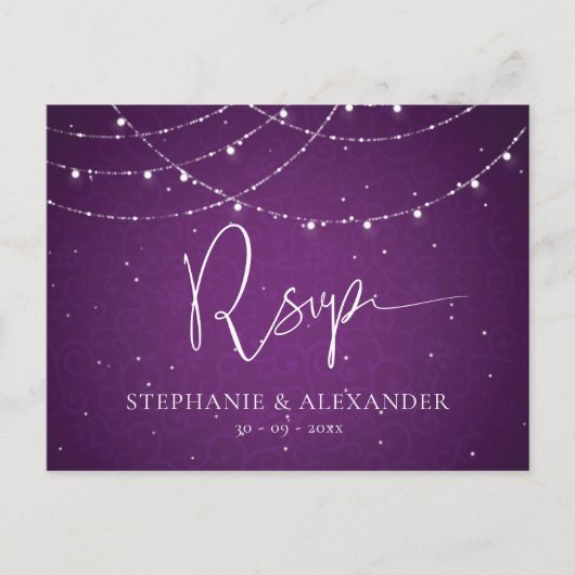 Royal Paarse String Lights Bruiloft RSVP Uitnodiging Briefkaart (Voorkant)