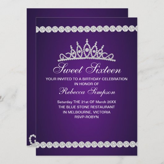 Royal Paarse Tiara verjaardagsuitnodiging Kaart (Voorkant / Achterkant)