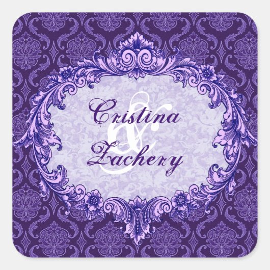 Royal Paarse Vintage Damask Bruiloft C433 Vierkante Sticker (Voorkant)