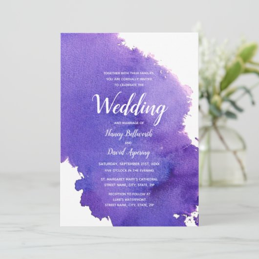 Royal Paarse Waterverf huwelijksuitnodiging Kaart (Staand voorkant)