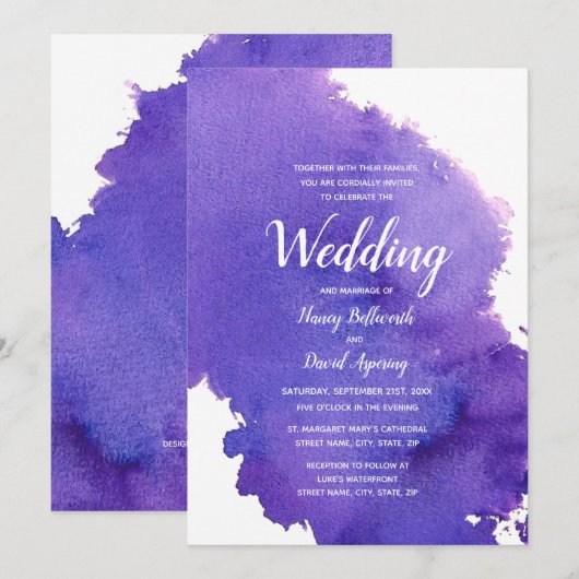 Royal Paarse Waterverf huwelijksuitnodiging Kaart (Voorkant / Achterkant)