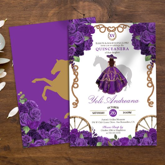 Royal Paarse Westerne Charro Bloemen Quinceanera Kaart