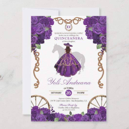Royal Paarse Westerne Charro Bloemen Quinceanera Kaart (Voorkant)