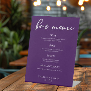 Royal Paarse White Script Wedding Bar Menu Reclamebord Met Voetstuk