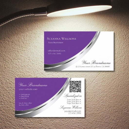 Royal Paarse Wit met Zilveren Decor en QR-Code Visitekaartje