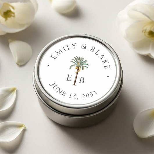 Royal Palm Logo Elegant Tropical Monogram Wedding Ronde Sticker