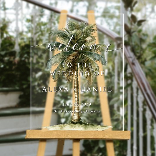 Royal Palm Tree Tropical Wedding Welkom Acryl Bord