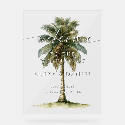 Royal Palm Tree Tropical Wedding Welkom Acryl Bord (Voorkant)