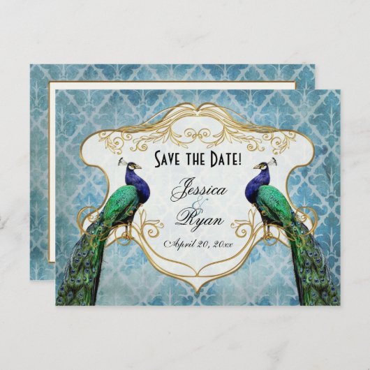 Royal Peacock Blue Save the Date Briefkaart (Voorkant / Achterkant)