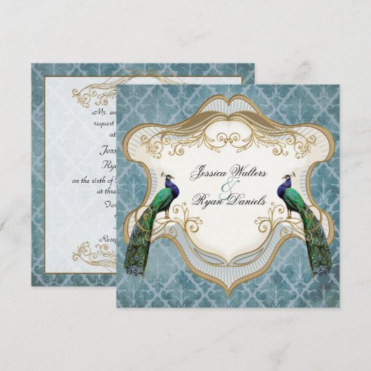 Royal Peacock Blue Wedding Invitation Kaart (Voorkant / Achterkant)
