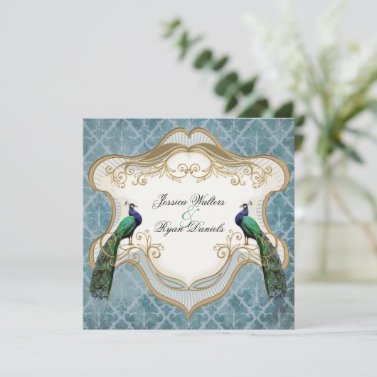 Royal Peacock Blue Wedding Invitation Kaart (Staand voorkant)