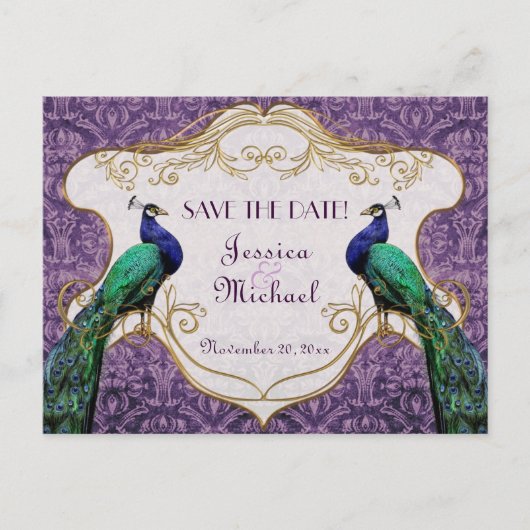Royal Peacock (Paarse) Save the Date Briefkaart (Voorkant)
