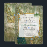 Royal Peacock Temple Dreams Kaart<br><div class="desc">Witte en blauwgroene koninklijke pauzes op een tropische  achtergrond gestrooid met exotische goudveren en bladeren voor dit trouwthema of als decor-ontwerp</div>