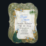 Royal Peacock Temple Dreams Kaart<br><div class="desc">Witte en blauwgroene koninklijke pauzes op een tropische  achtergrond gestrooid met exotische goudveren en bladeren voor dit trouwthema of als decor-ontwerp</div>