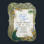 Royal Peacock Temple Dreams Kaart<br><div class="desc">Witte en blauwgroene koninklijke pauzes op een tropische  achtergrond gestrooid met exotische goudveren en bladeren voor dit trouwthema of als decor-ontwerp</div>