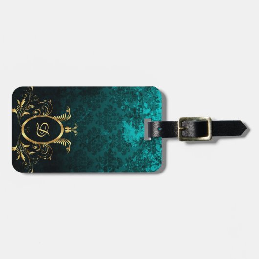 Royal Personalized Damask Turquoise Bagagelabel (Voorkant horizontaal)