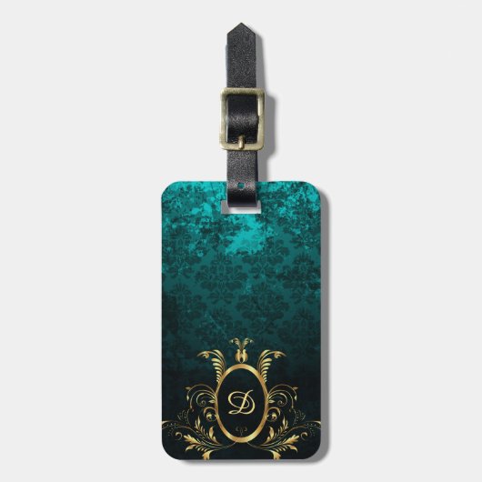 Royal Personalized Damask Turquoise Bagagelabel (Voorkant verticaal)