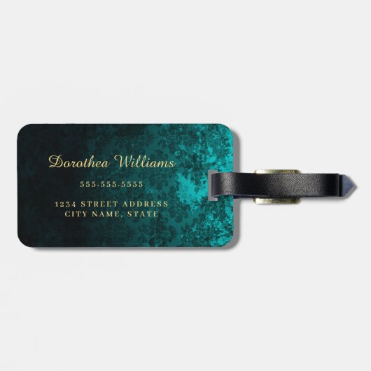 Royal Personalized Damask Turquoise Bagagelabel (Achterkant horizontaal)