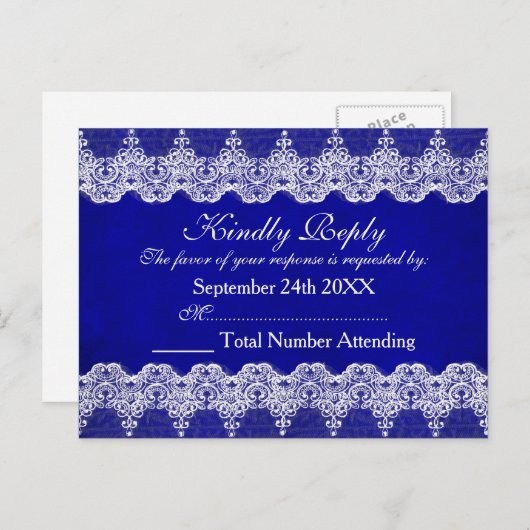 Royal Personalized RSVP Blue Cobalt Lace Briefkaar Uitnodiging Briefkaart (Voorkant / Achterkant)