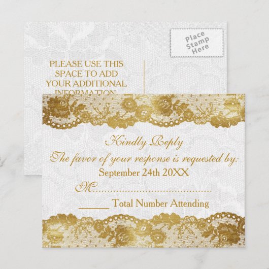 Royal Personalized RSVP Golden White Lace Briefkaa Uitnodiging Briefkaart (Voorkant / Achterkant)